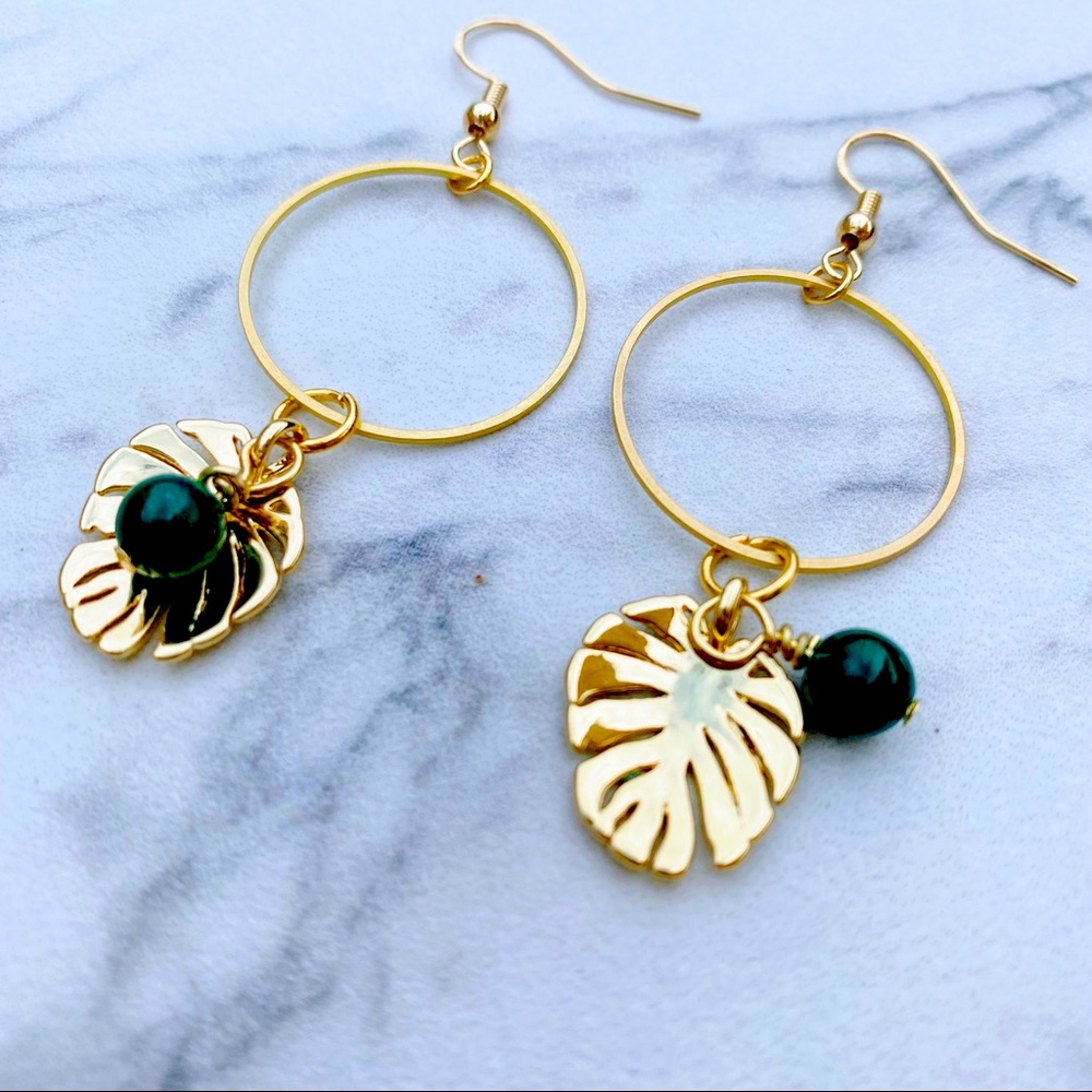 Round Hypoallergenic Monstera Malachite Drop Earrings